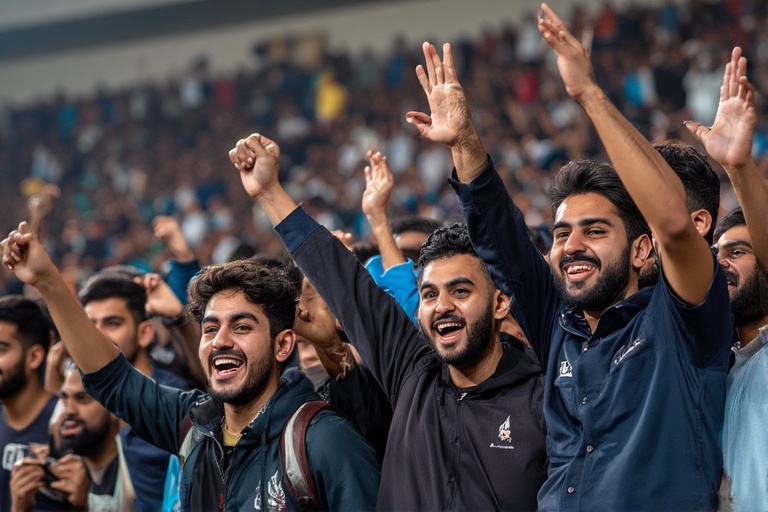 Excited cricket fans celebrating victory at Asia Cup 2025 in UAE with fireworks in background